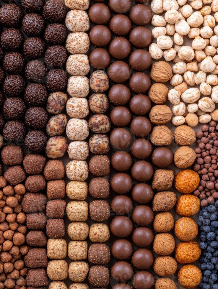 Rows of assorted chocolates and nuts photo