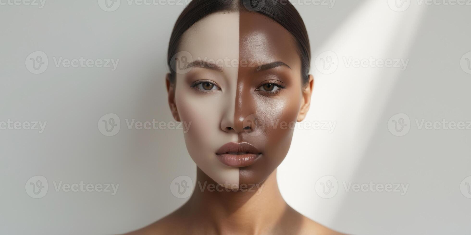 Profile of a model showcasing various foundation shades for perfect skin tone matching. photo