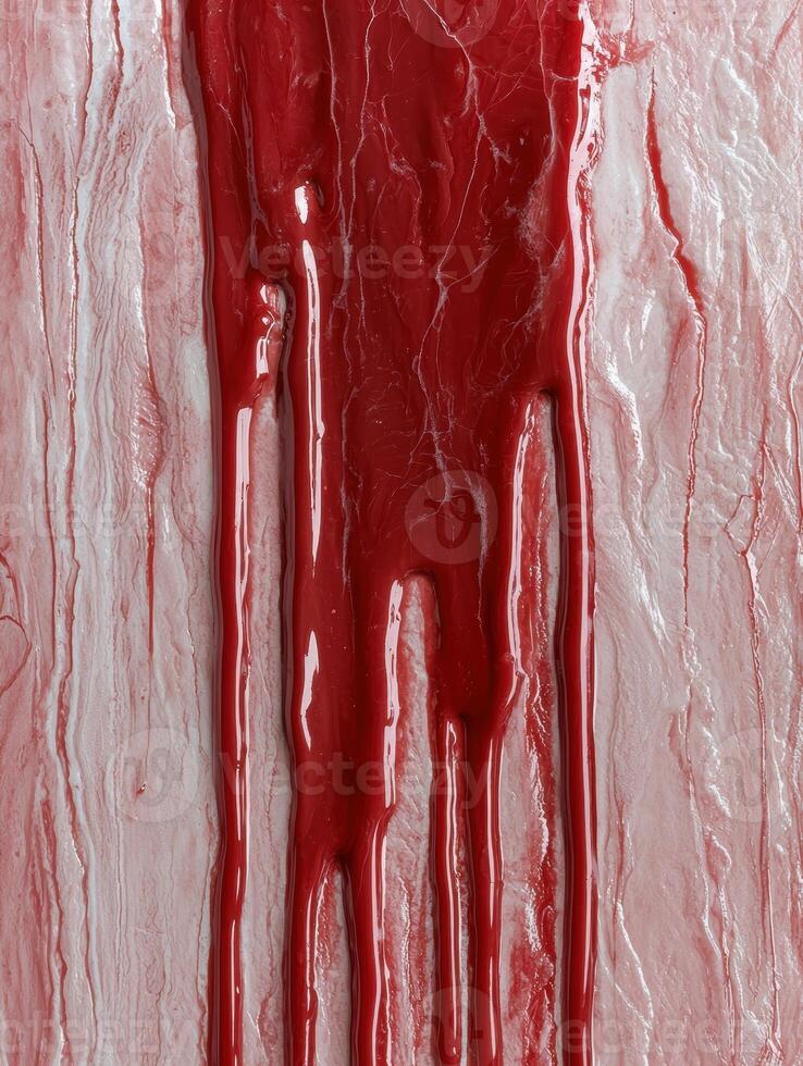 Red paint dripping down a textured white surface photo