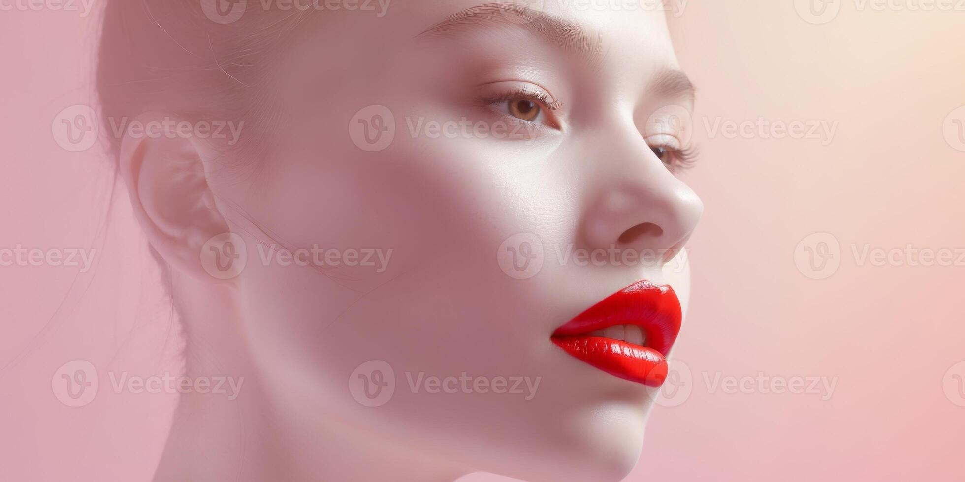 Profile of a model showing perfect lips with red lipstick on a pink background. photo