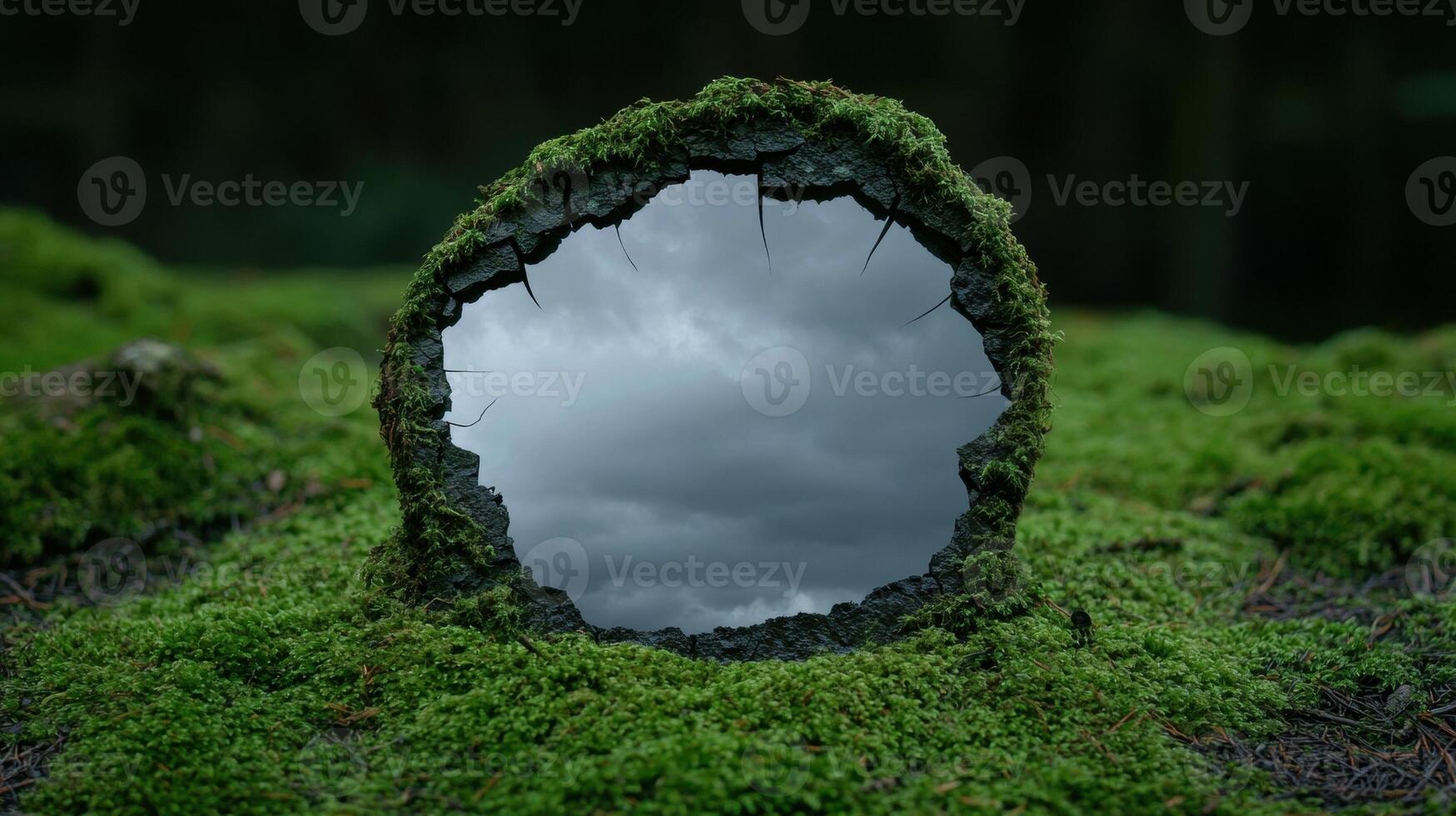 Mossy log with a view of a cloudy sky photo