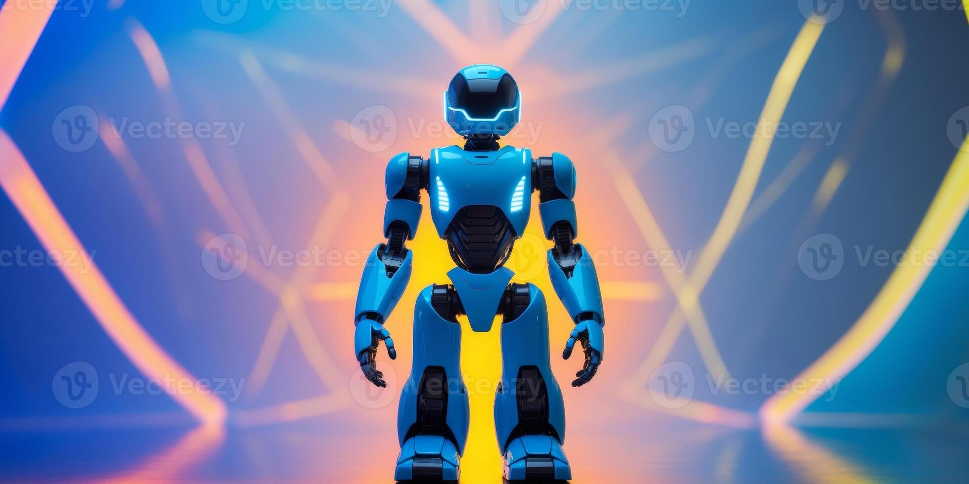 Colorful futuristic robot standing on gradient background photo
