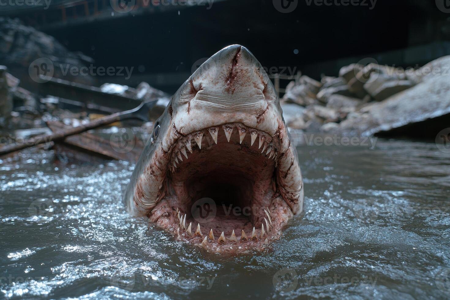 A great white shark with its mouth open in the water photo
