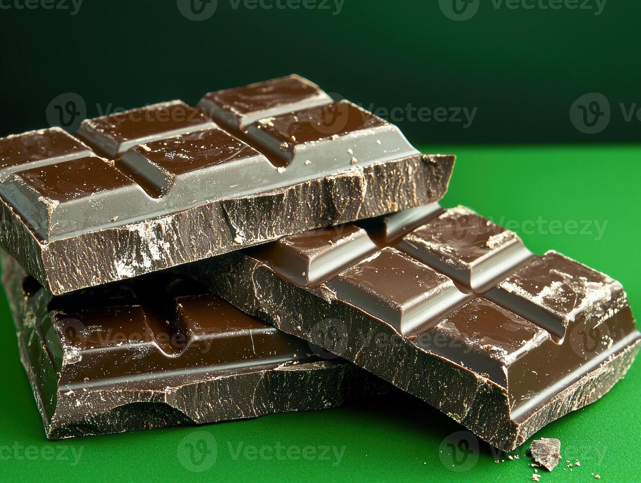 A stack of dark chocolate bars on a green surface photo