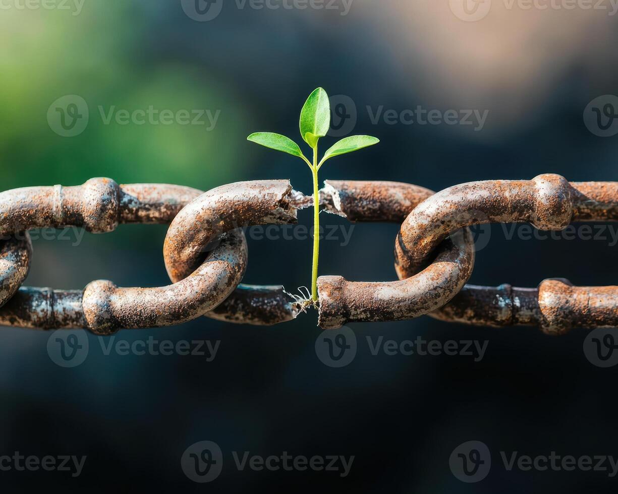 Resilience. A plant grows through a broken chain, symbolizing strength and overcoming obstacles photo