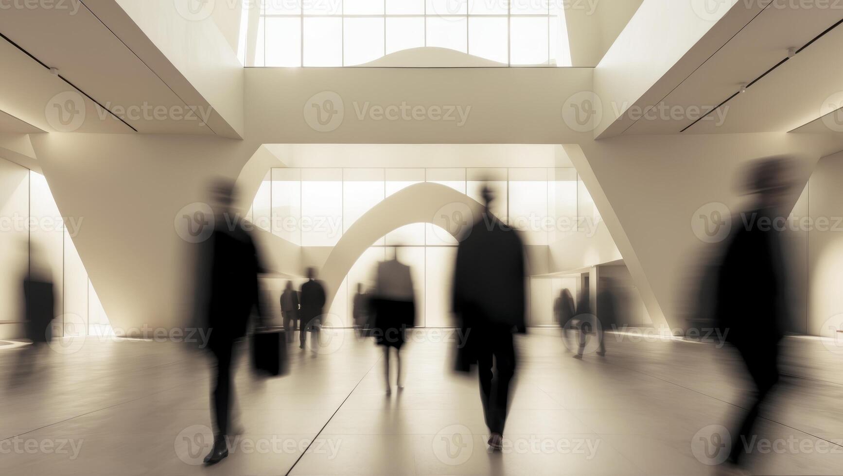 Blurred figures in a modern art center lobby photo
