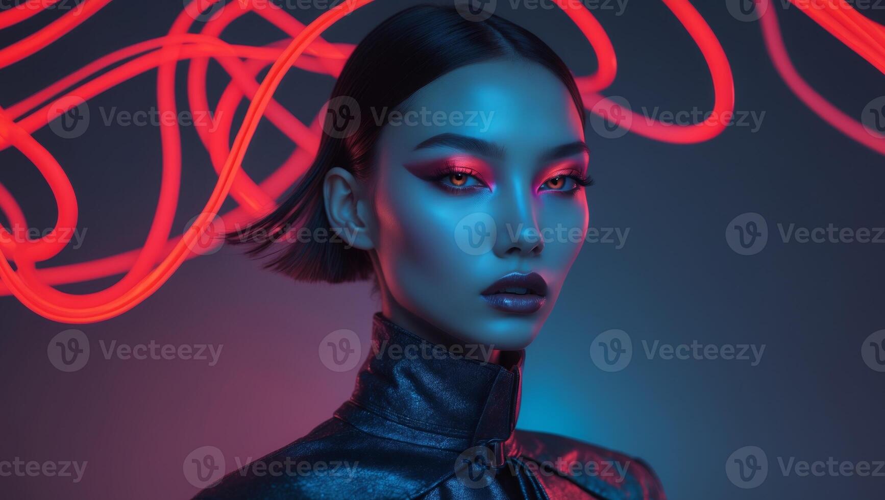 A woman with neon lights on her face photo