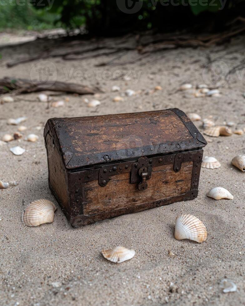 A weathered treasure chest sits on a sandy beach surrounded by seashells photo