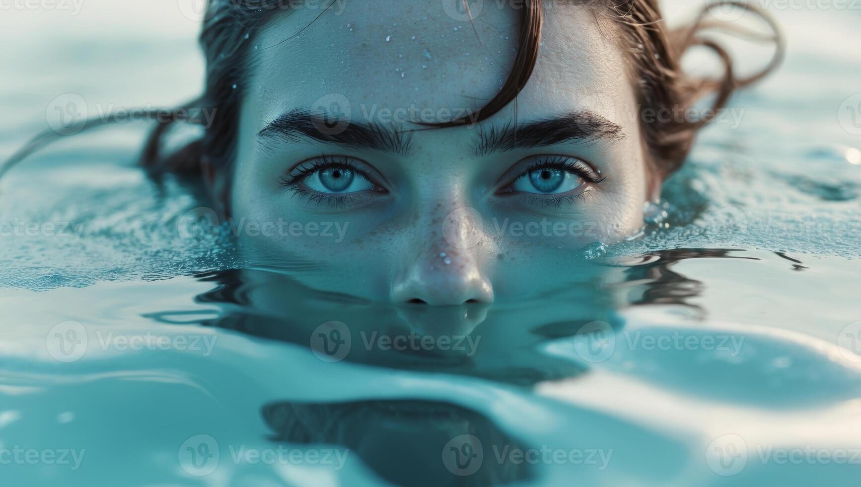 A woman with blue eyes is swimming in the water photo