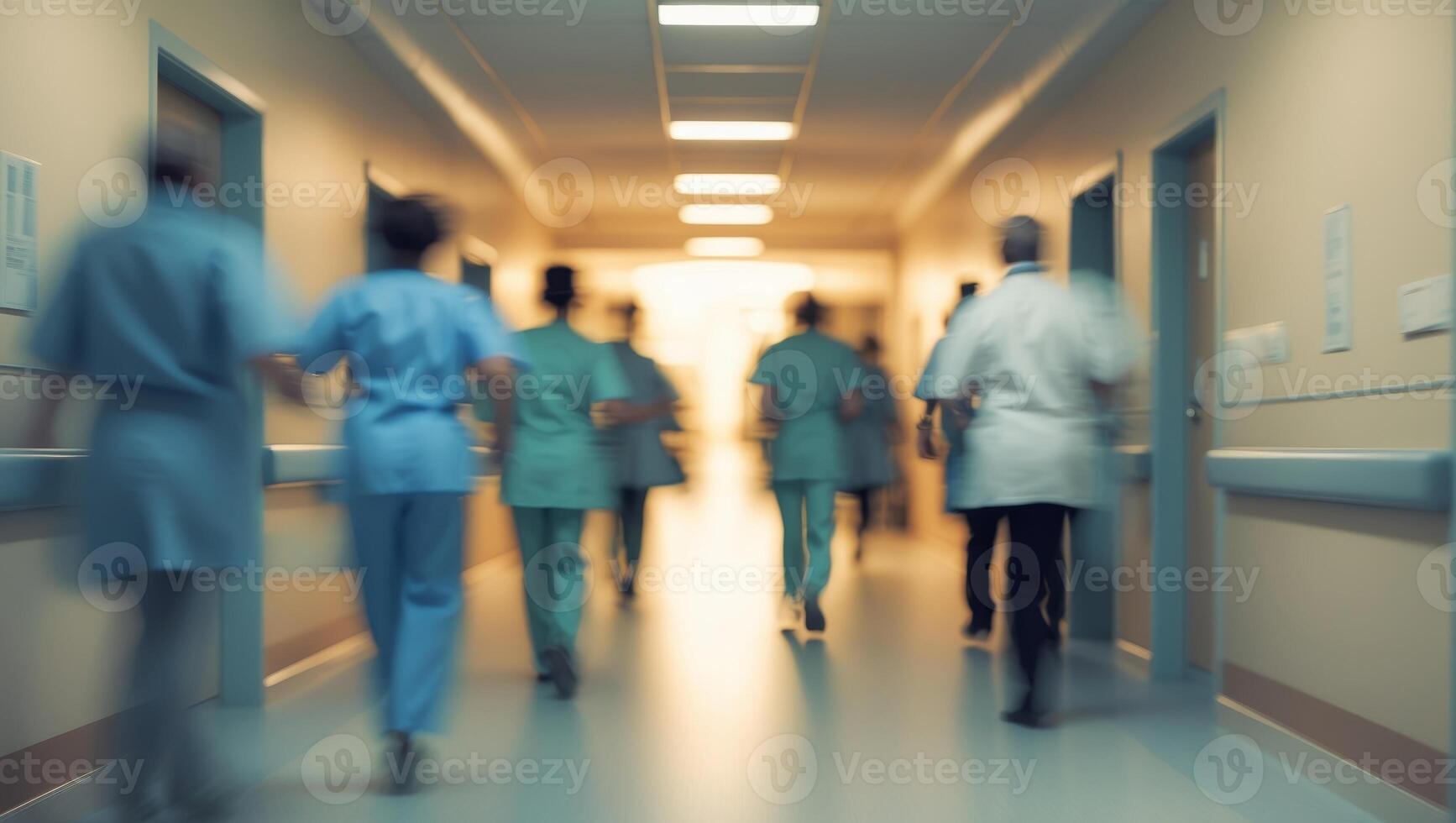 A blurry image of people walking down a hallway photo