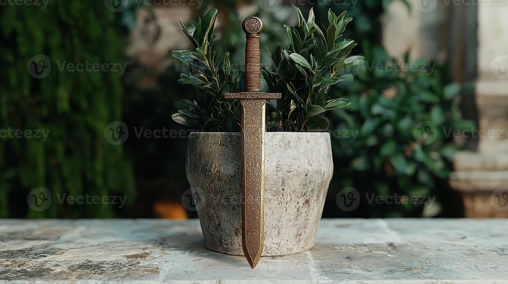 An ornate sword stands upright in a plant pot photo