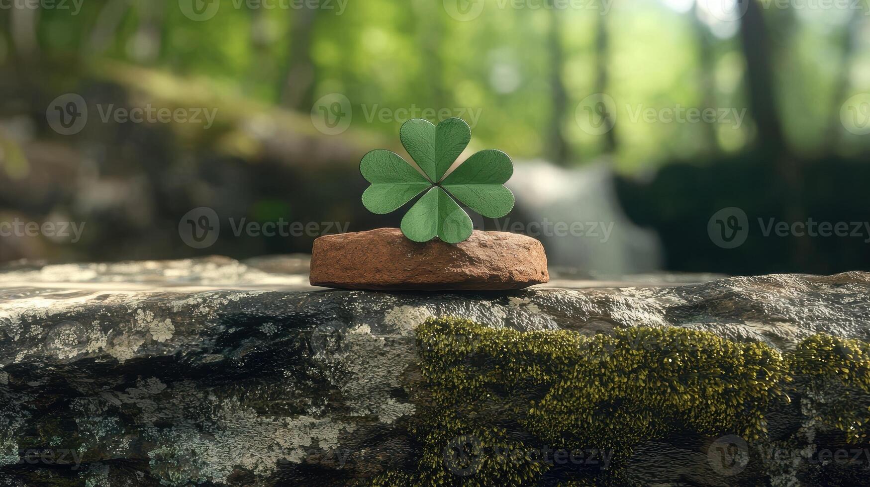 Four leaf clover on a rock in a forest photo