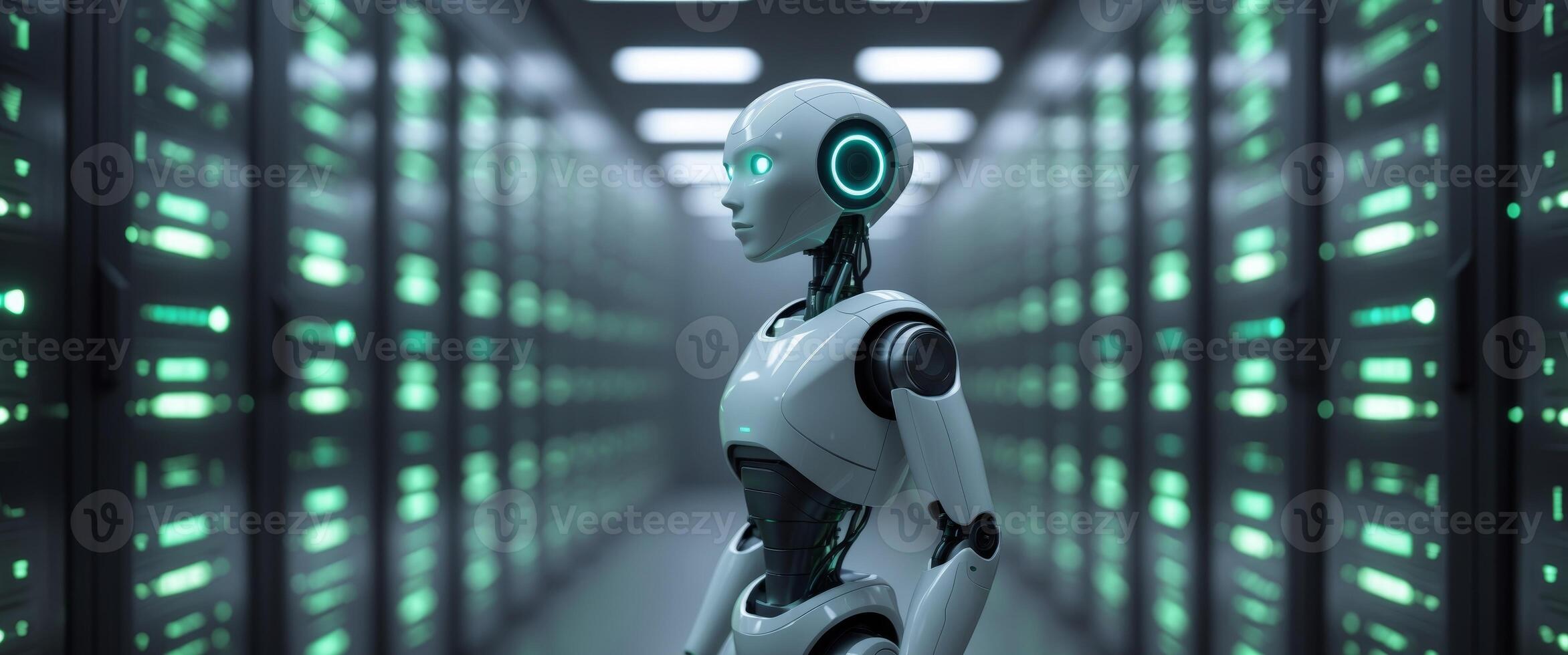 A robot standing in front of rows of servers photo