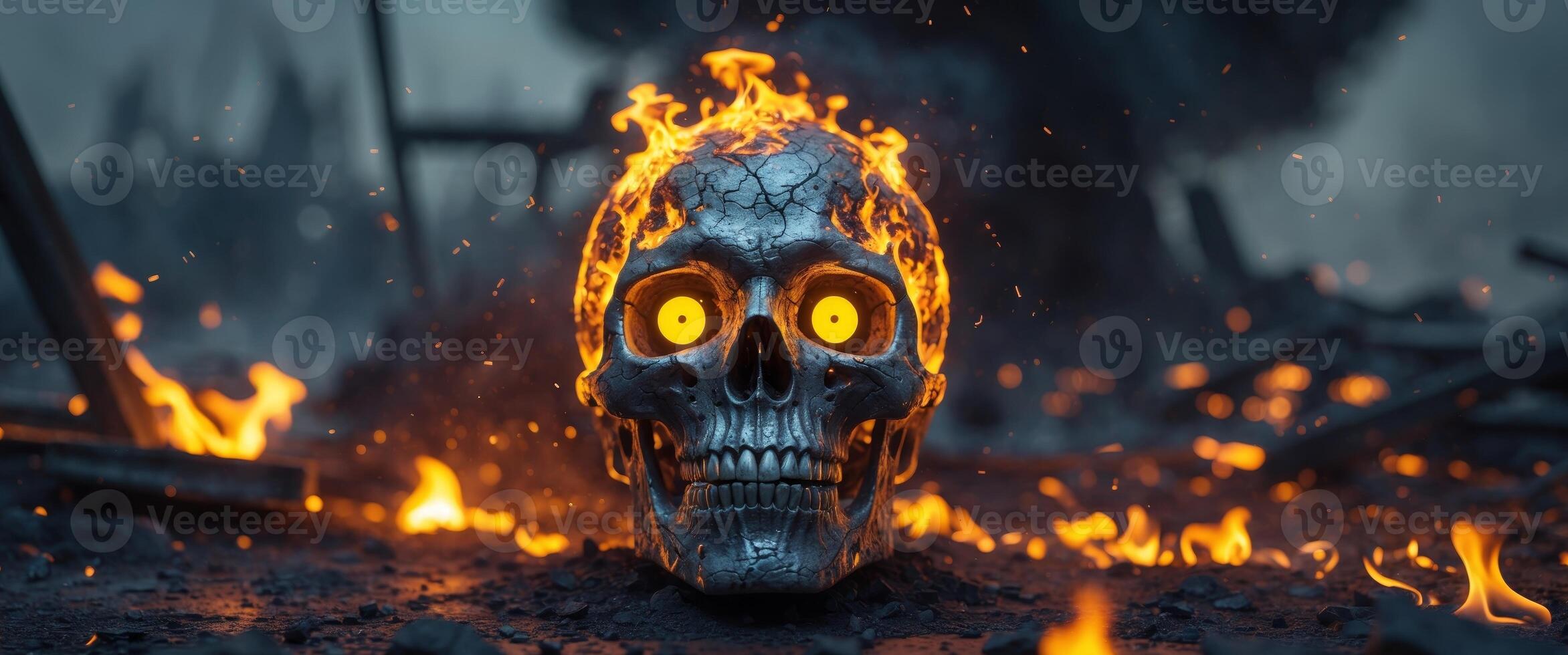 A skull with glowing eyes is on fire photo