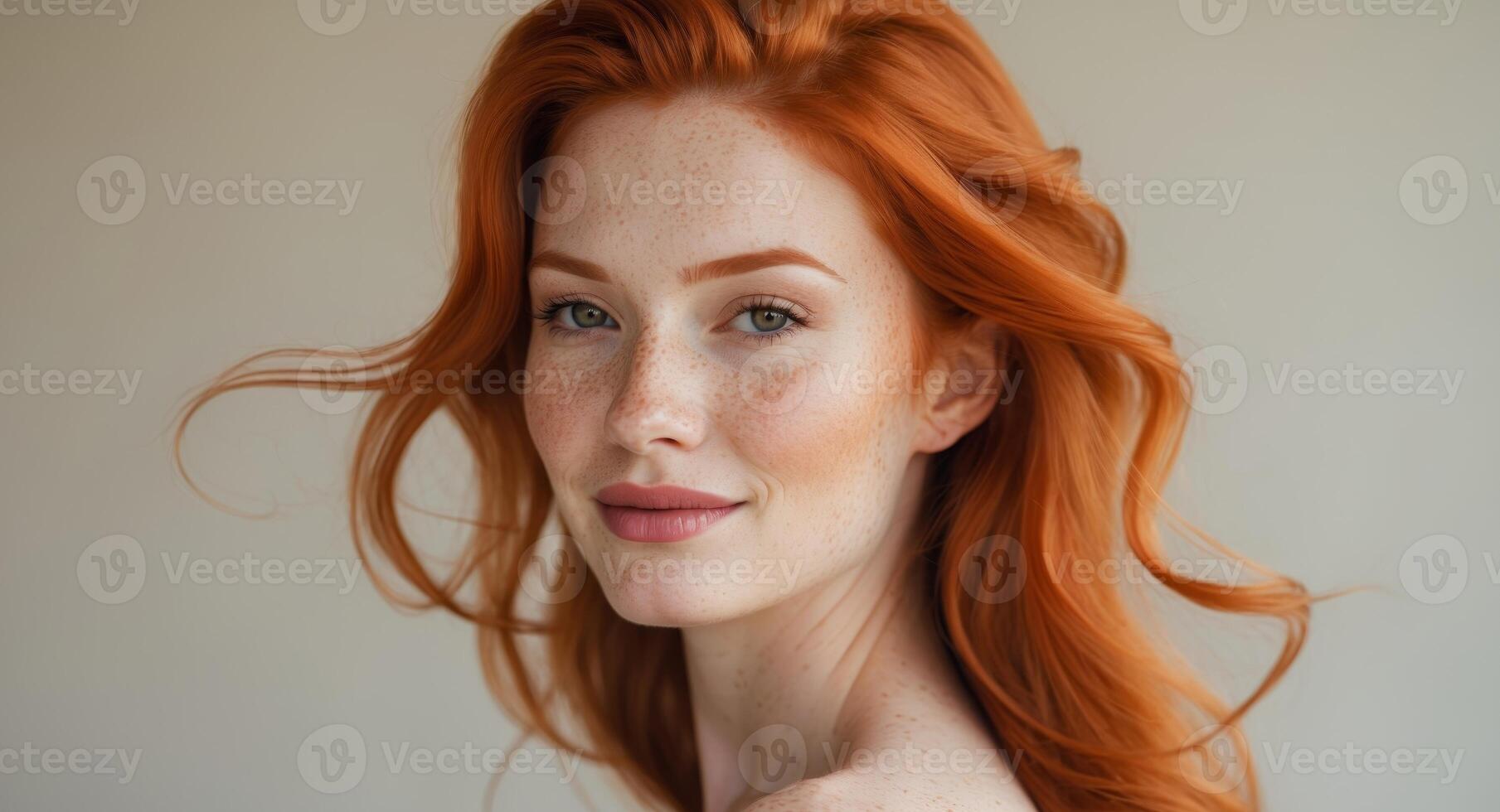 A beautiful redhead woman with freckles photo