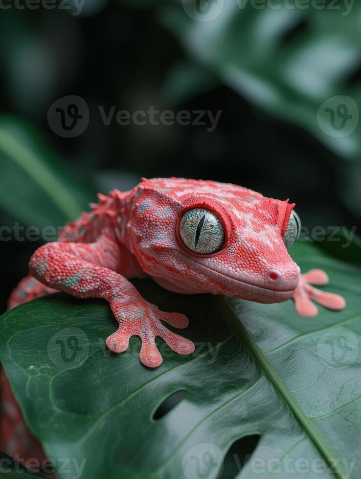 A pink gecko rests on a leaf photo