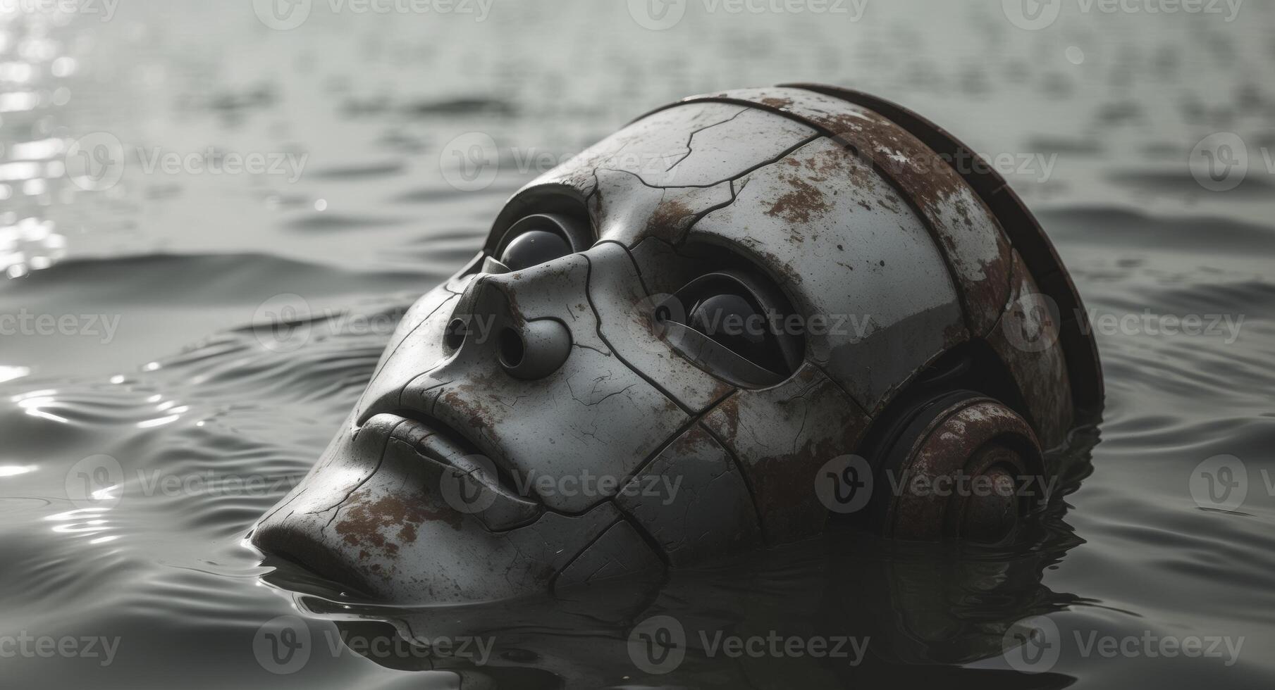 A robot head floating in water with a reflection photo