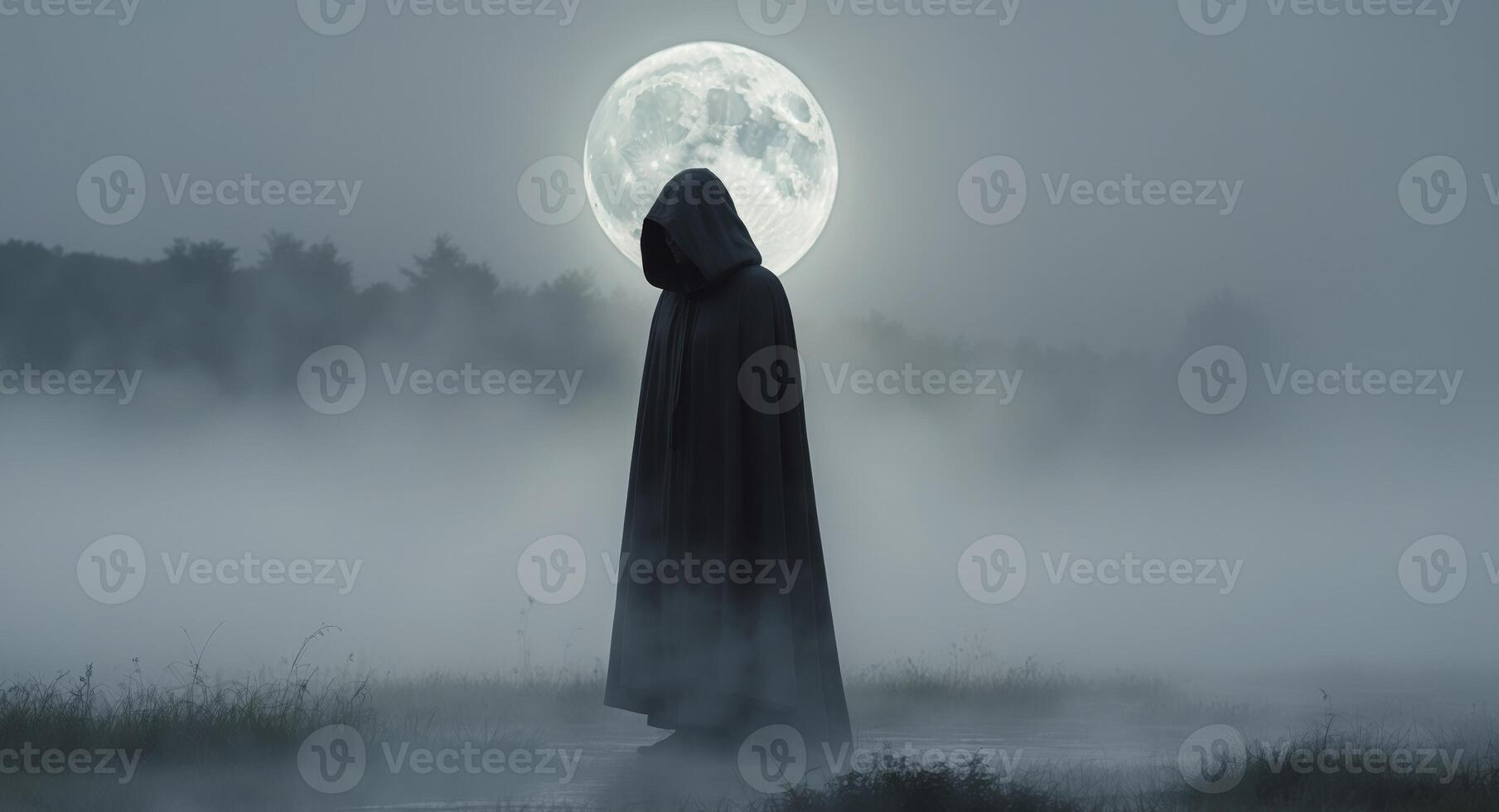 A person in a cloak standing in front of a full moon photo