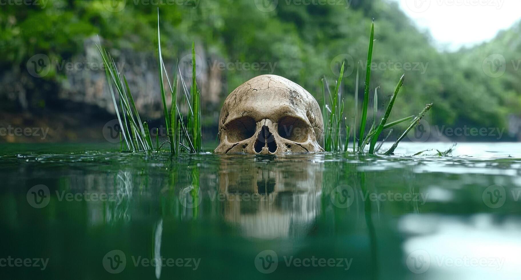 Human skull in a body of water photo