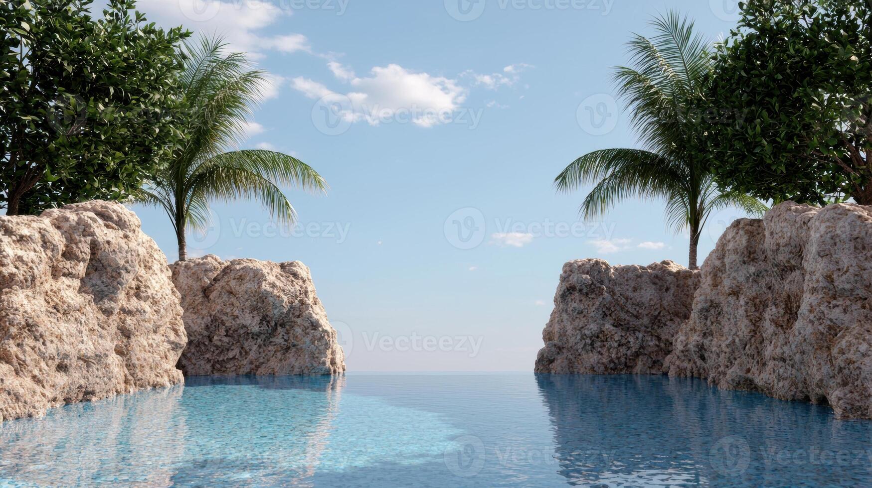 Tropical lagoon with palm trees and rocky cliffs photo