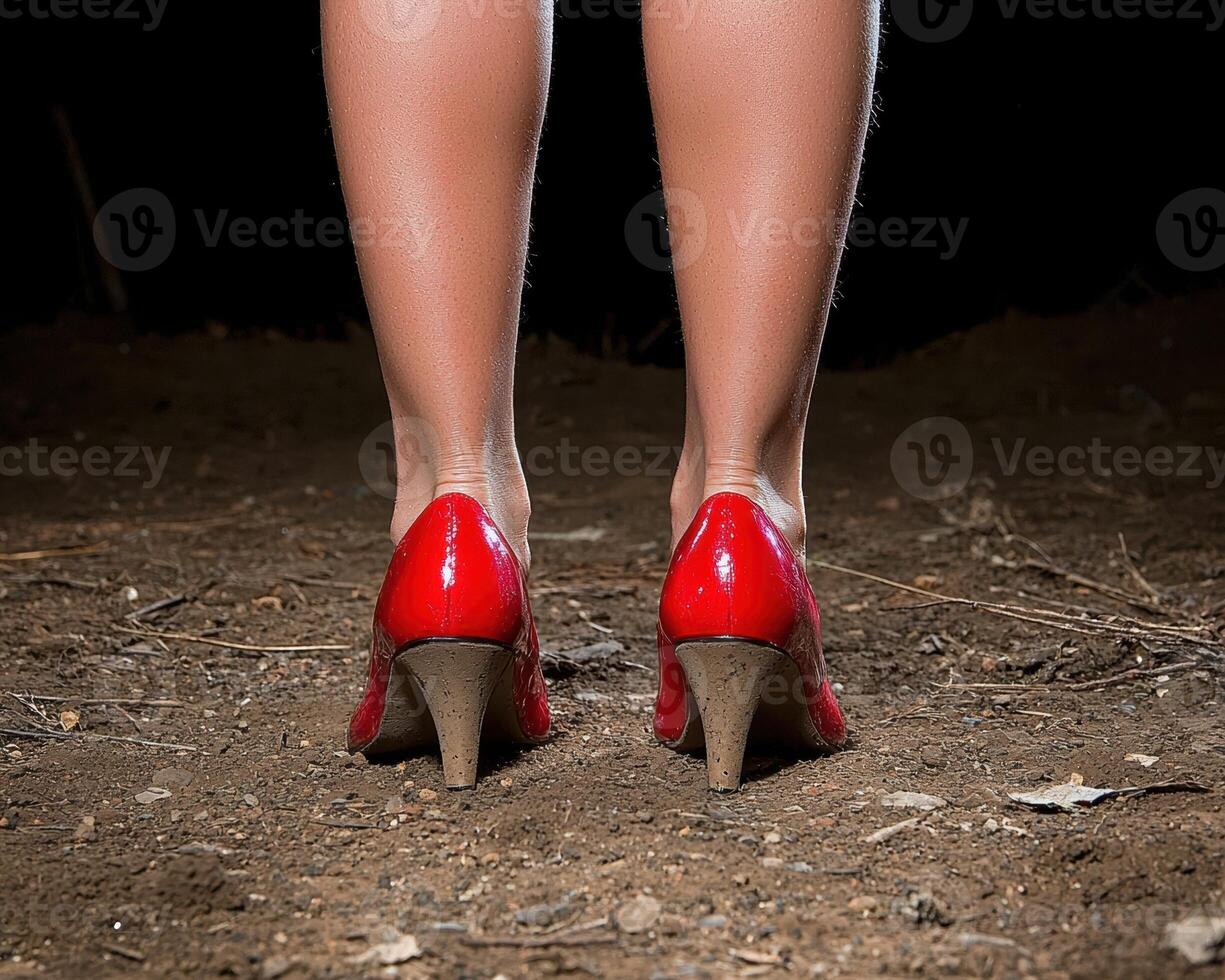 Woman in red high heels standing on dirt photo