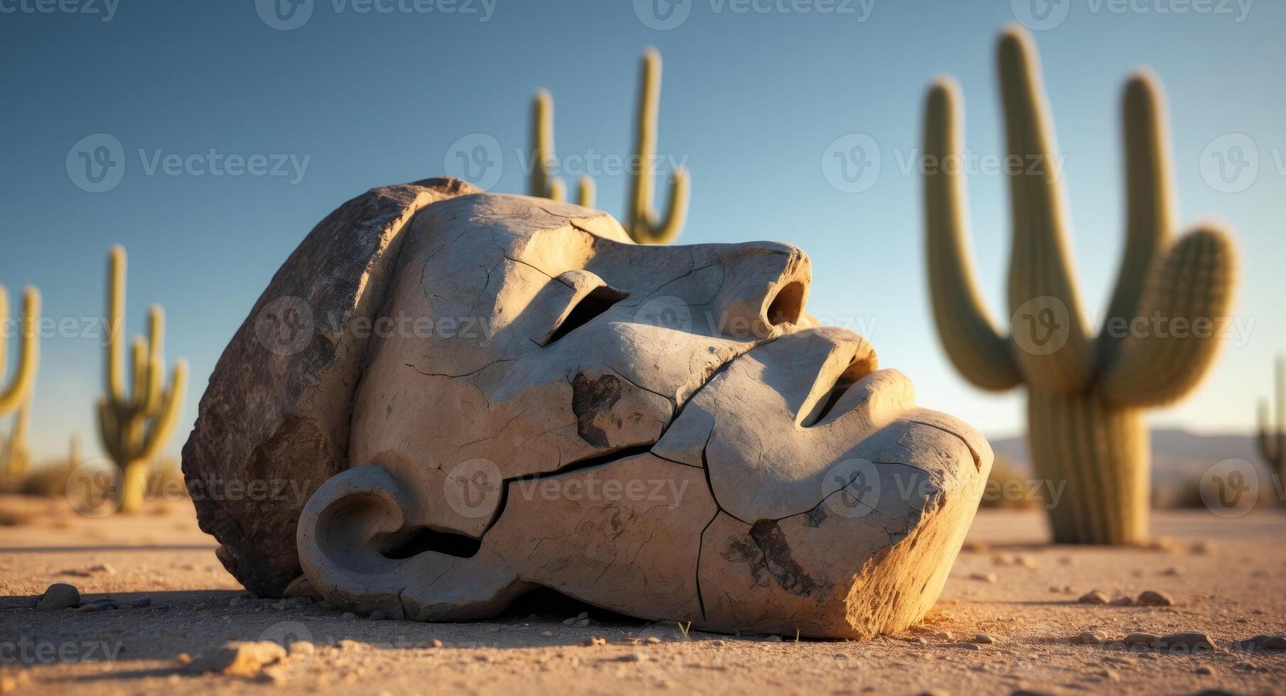 A stone head in the desert with cactus plants photo