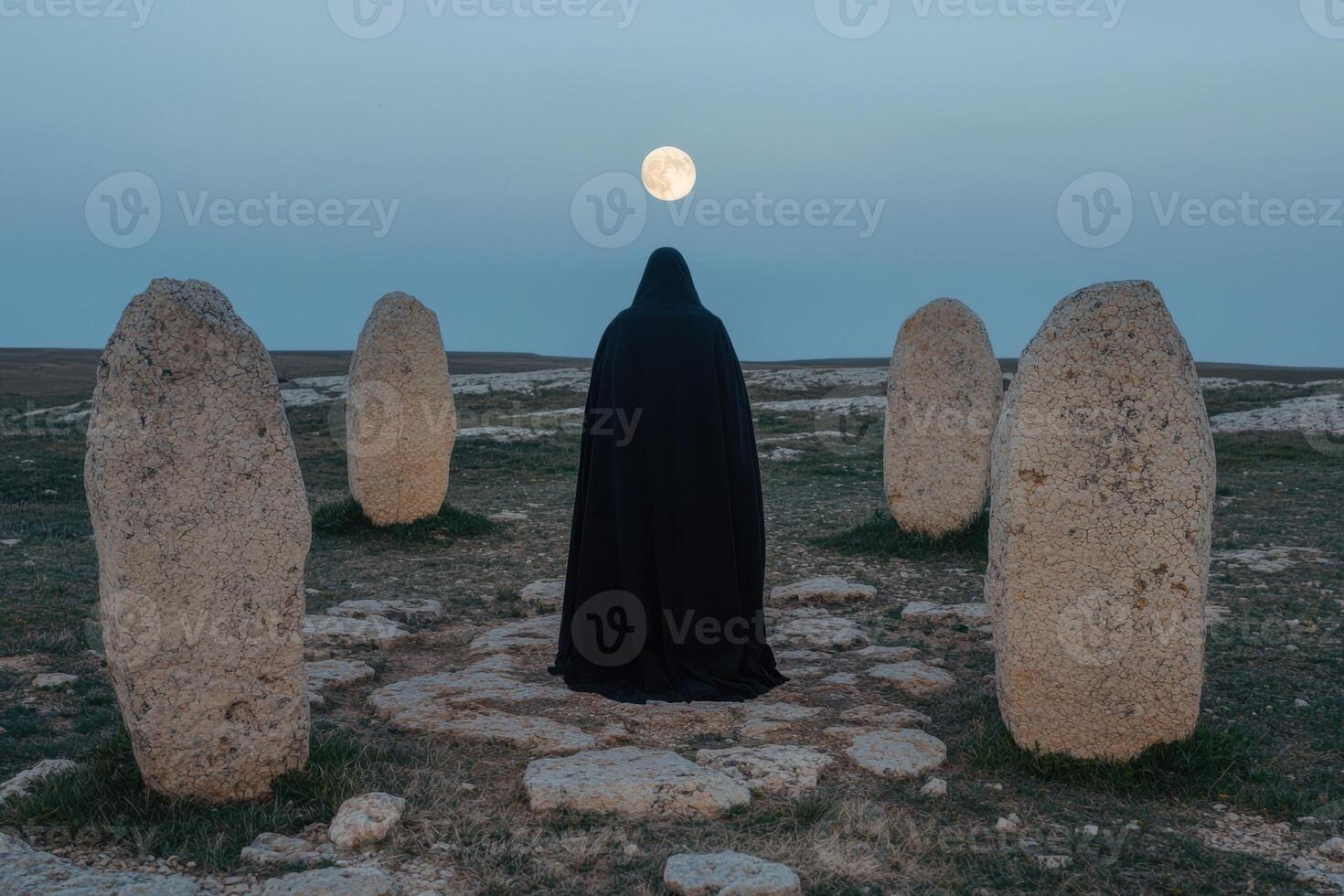 A mysterious figure standing among ancient stones under the moonlight photo