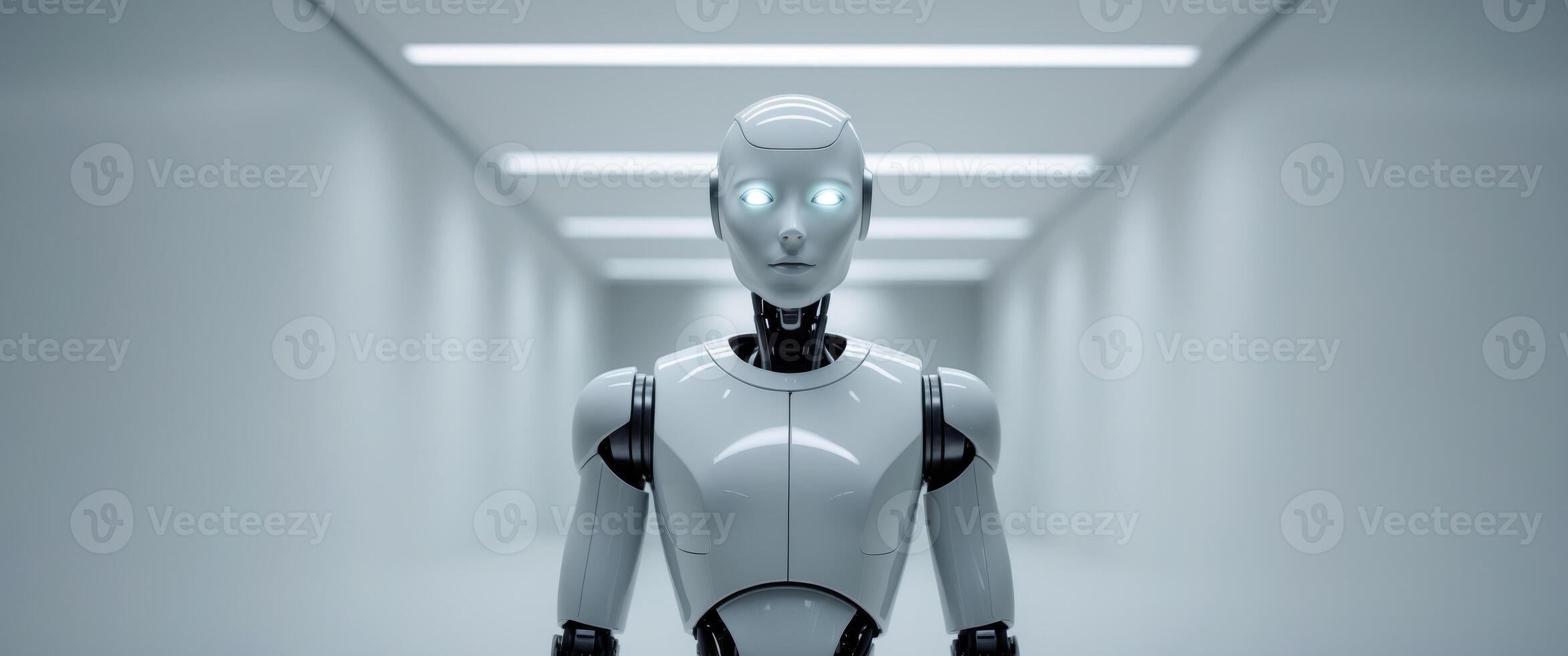 A robot standing in a hallway with a light behind it photo