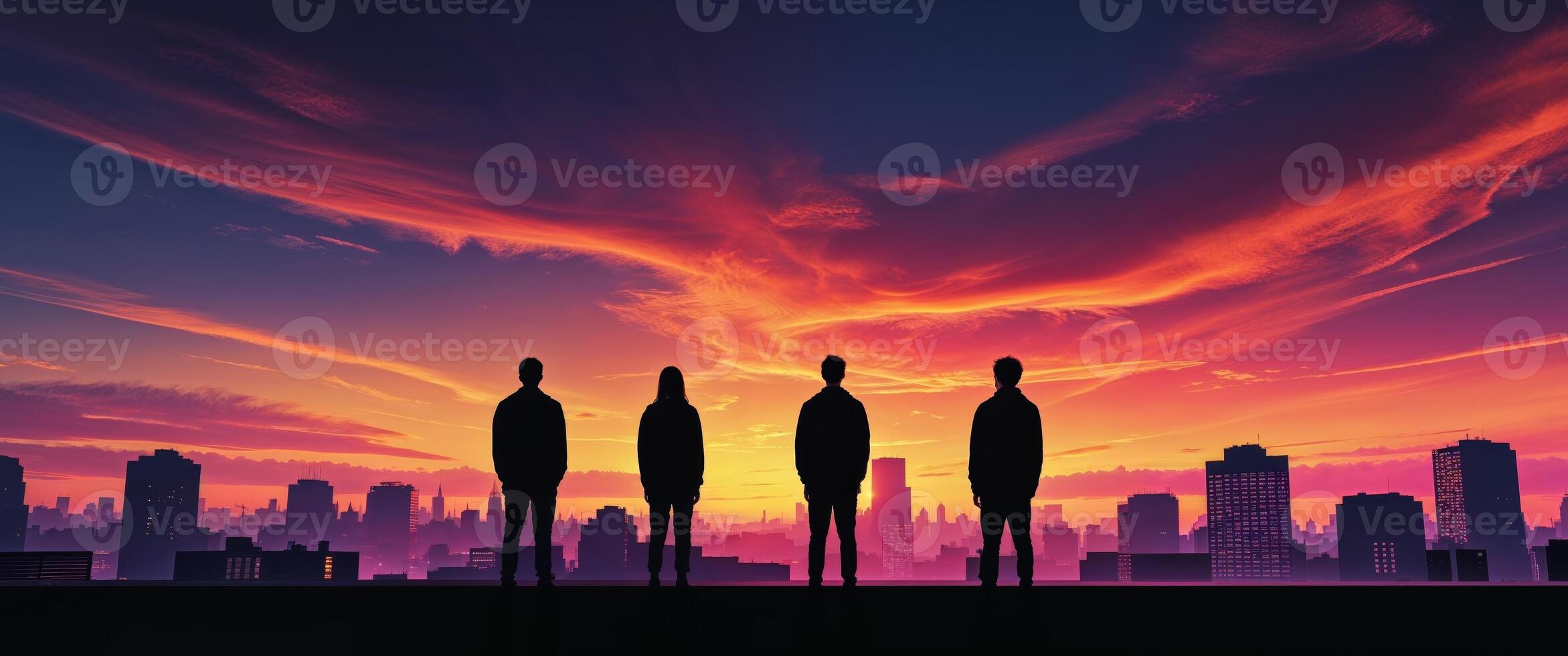 Silhouettes of people standing in front of a city skyline photo