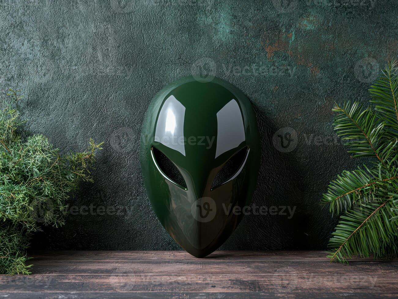 A green alien mask on a wooden surface with greenery photo