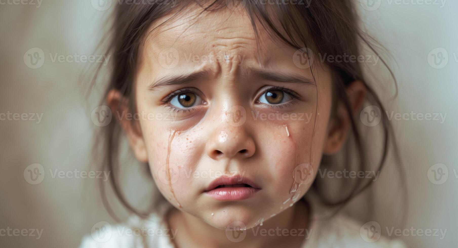 A little girl crying with tears streaming down her face. photo