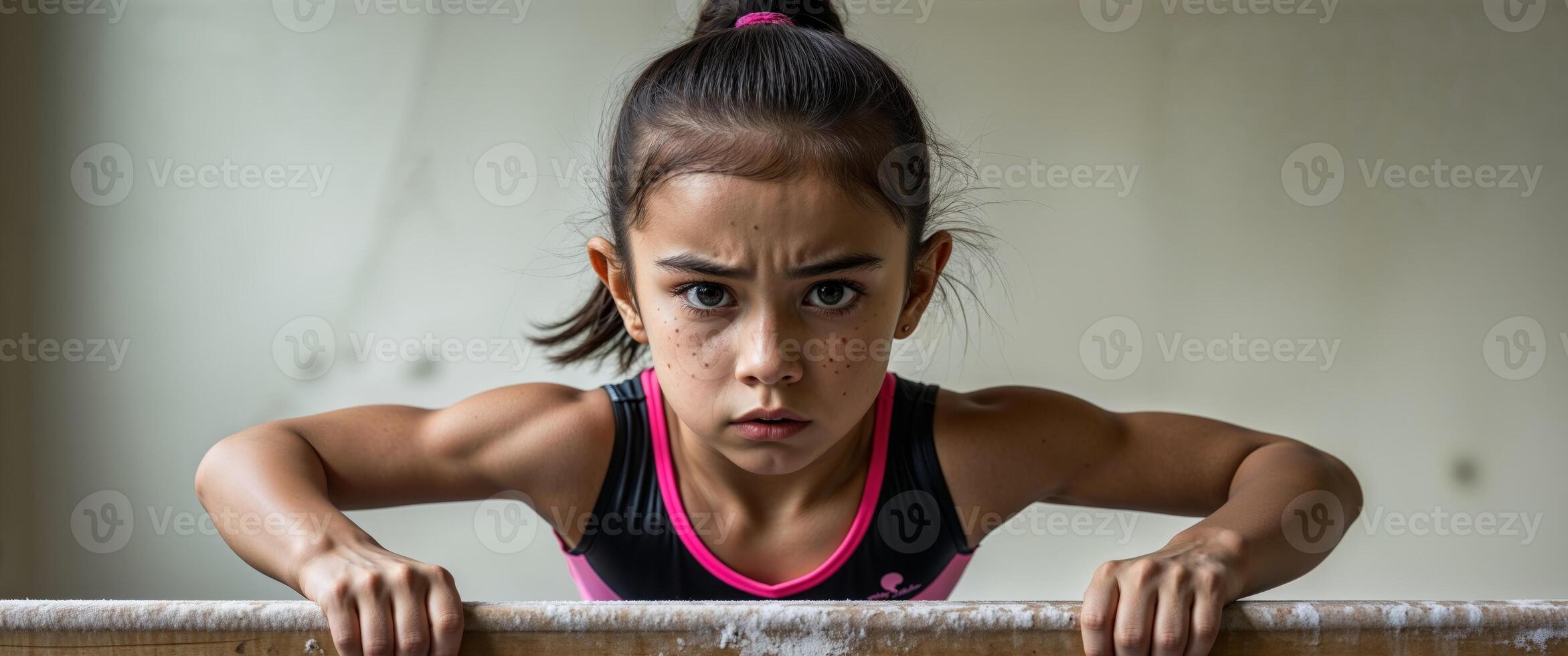 Focused girl embodies determination during gymnastics practice in a gym photo