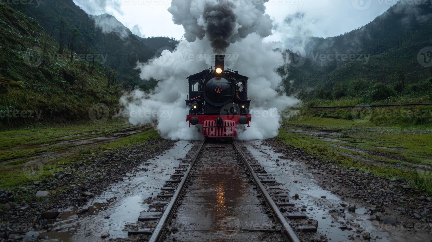 A vintage steam train billowing smoke on a rainy day photo