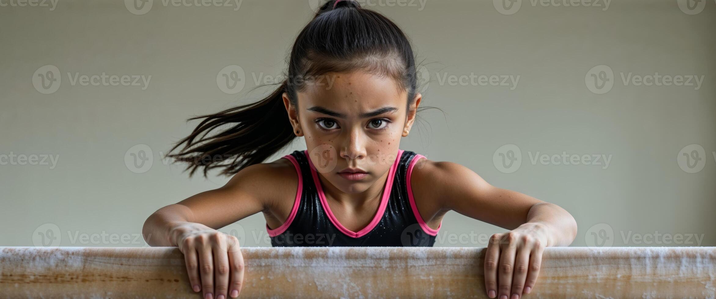 Focused girl embodies determination during gymnastics practice in a gym. photo