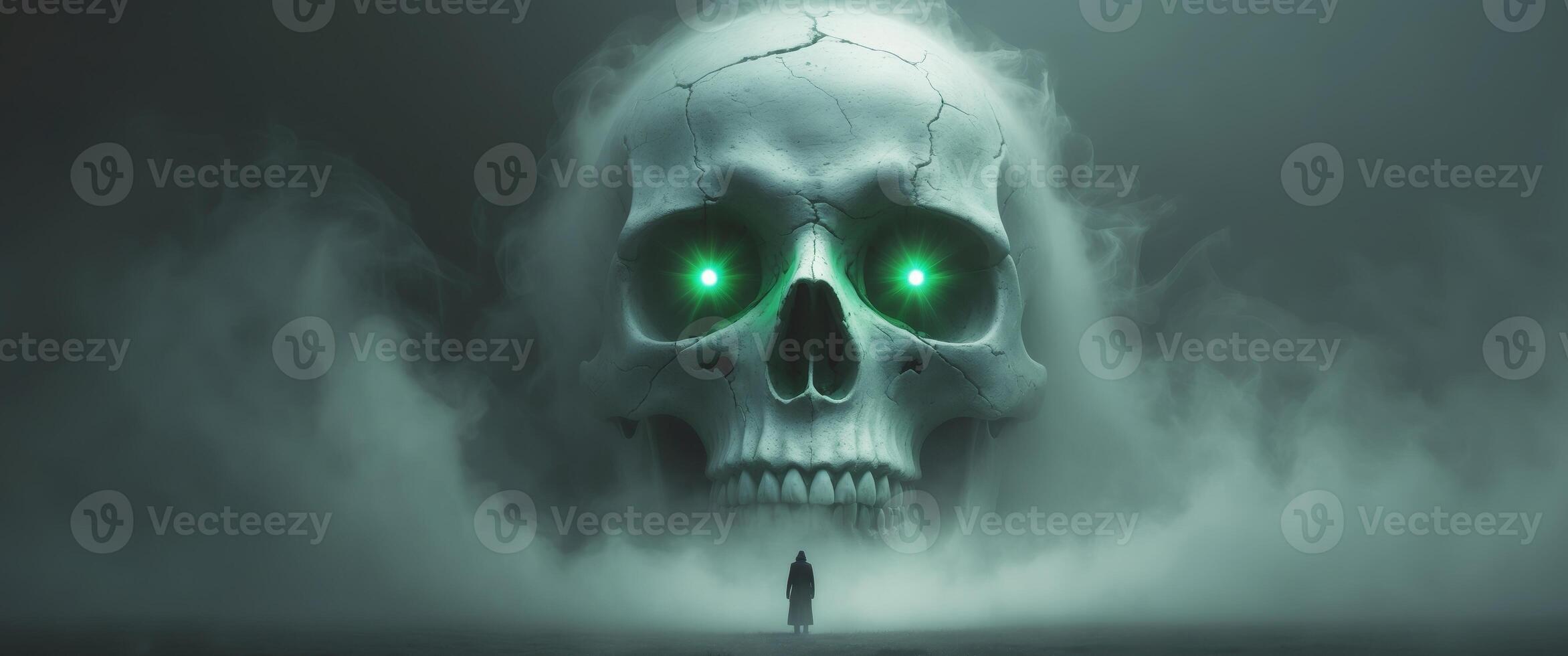 Gigantic ghostly skull with glowing green eyes looming over a desolate figure in thick mist. photo