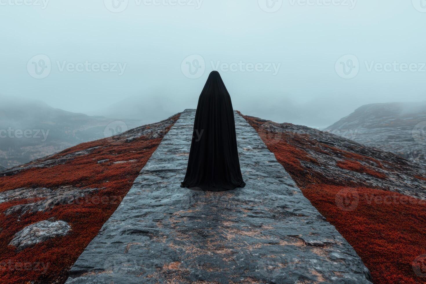 A figure in black stands on a stone path in a misty landscape photo