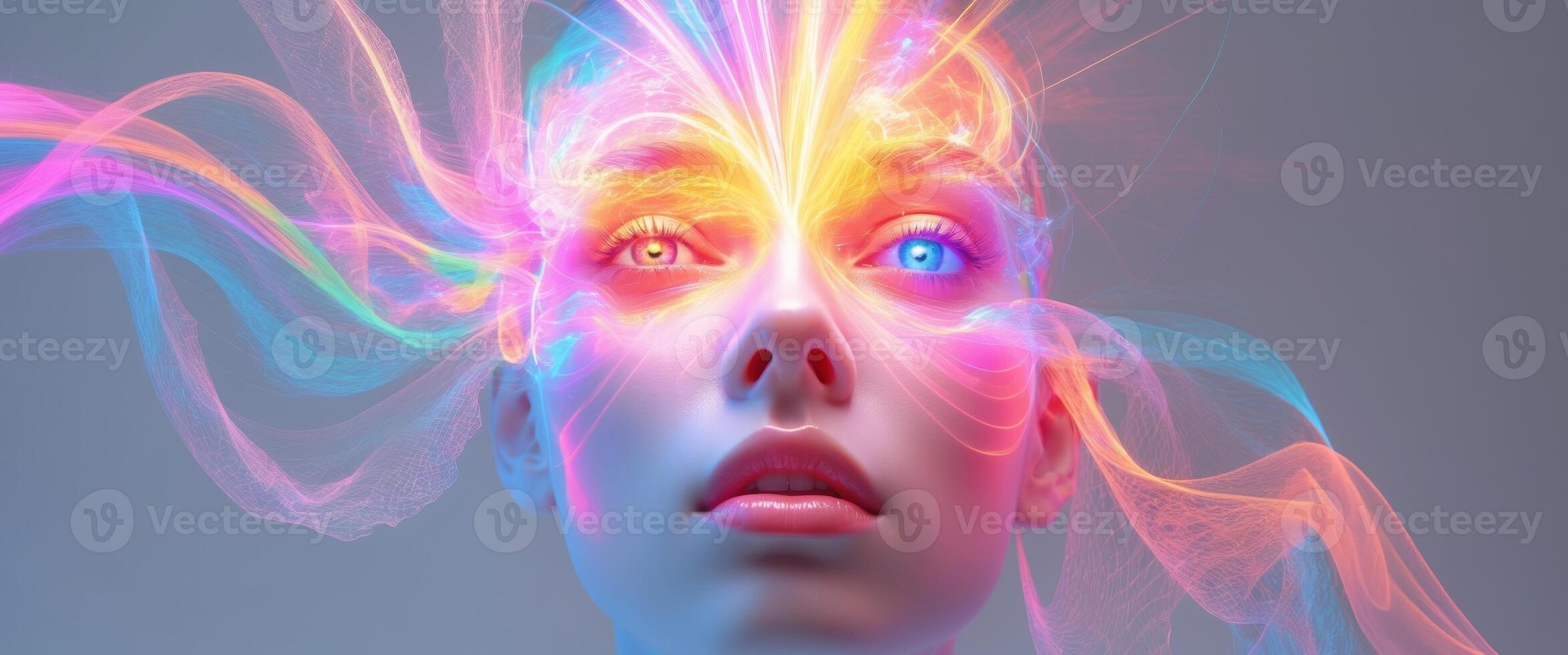 Dynamic abstract digital art of a face with swirling colors and neon light effects photo