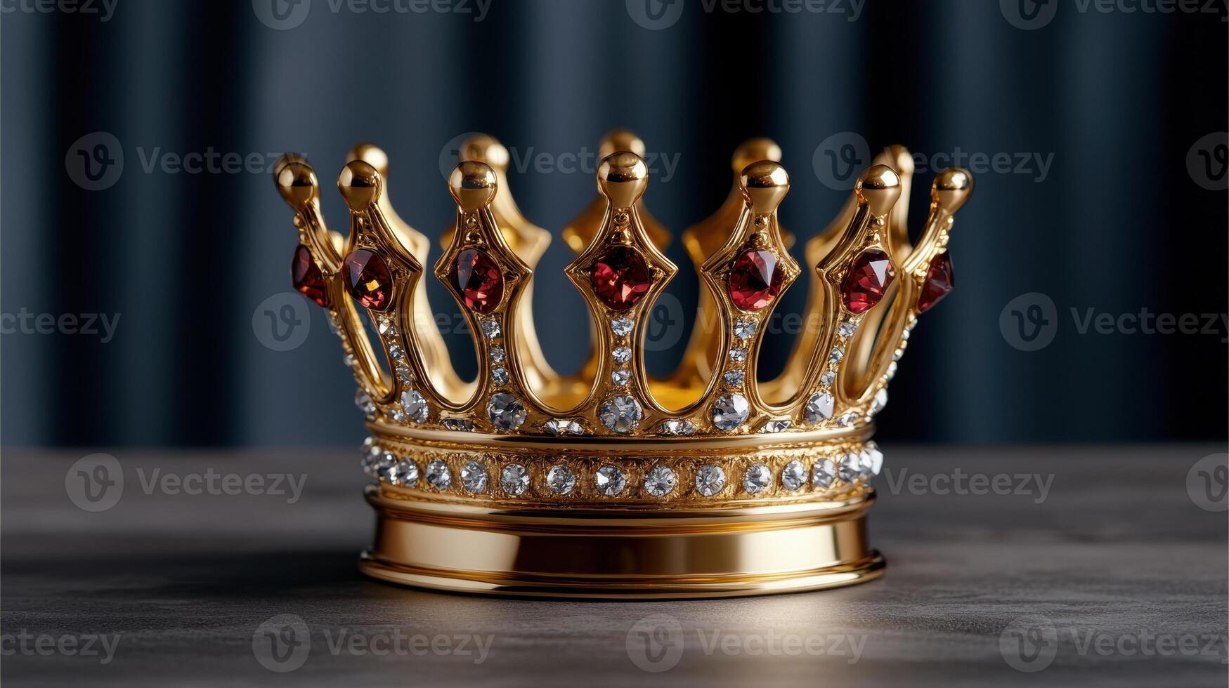 A golden crown adorned with red gems and diamonds photo