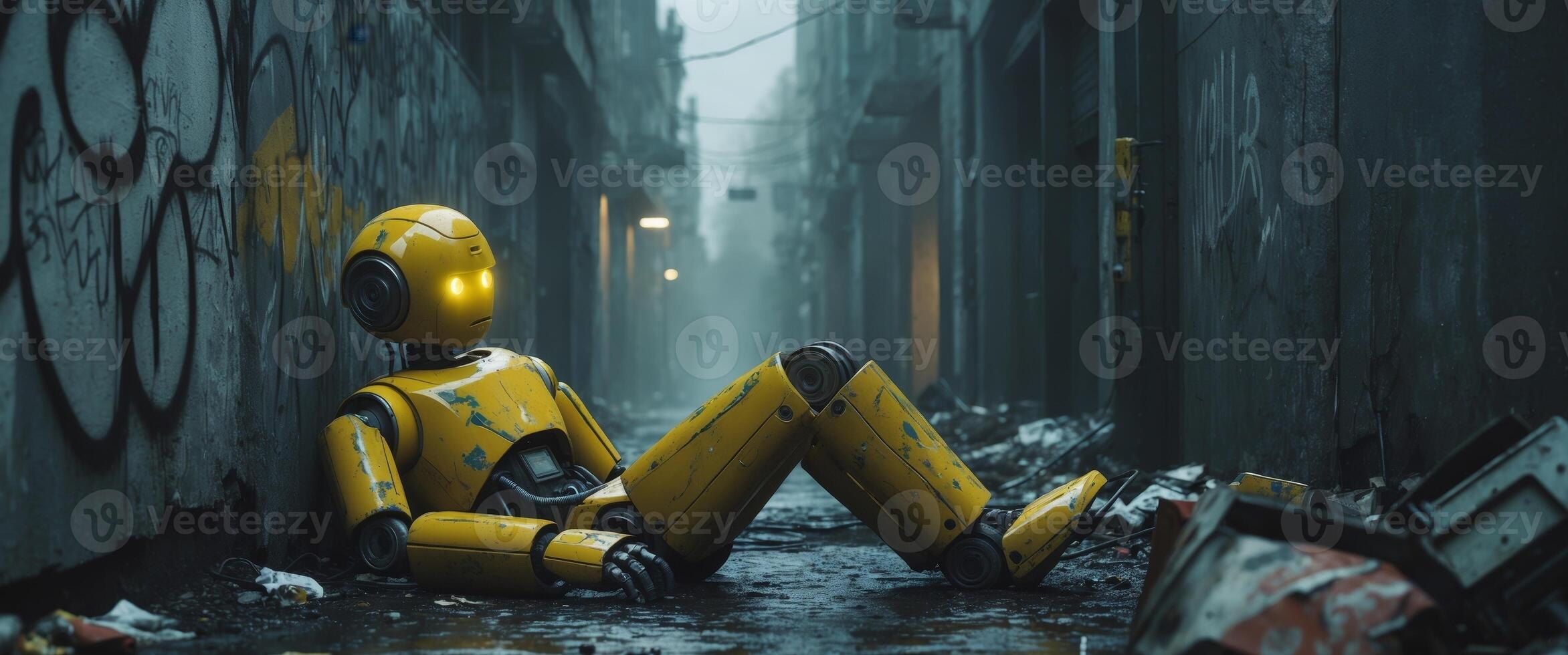 Yellow distressed robot with sad expression in a wet urban alleyway. photo