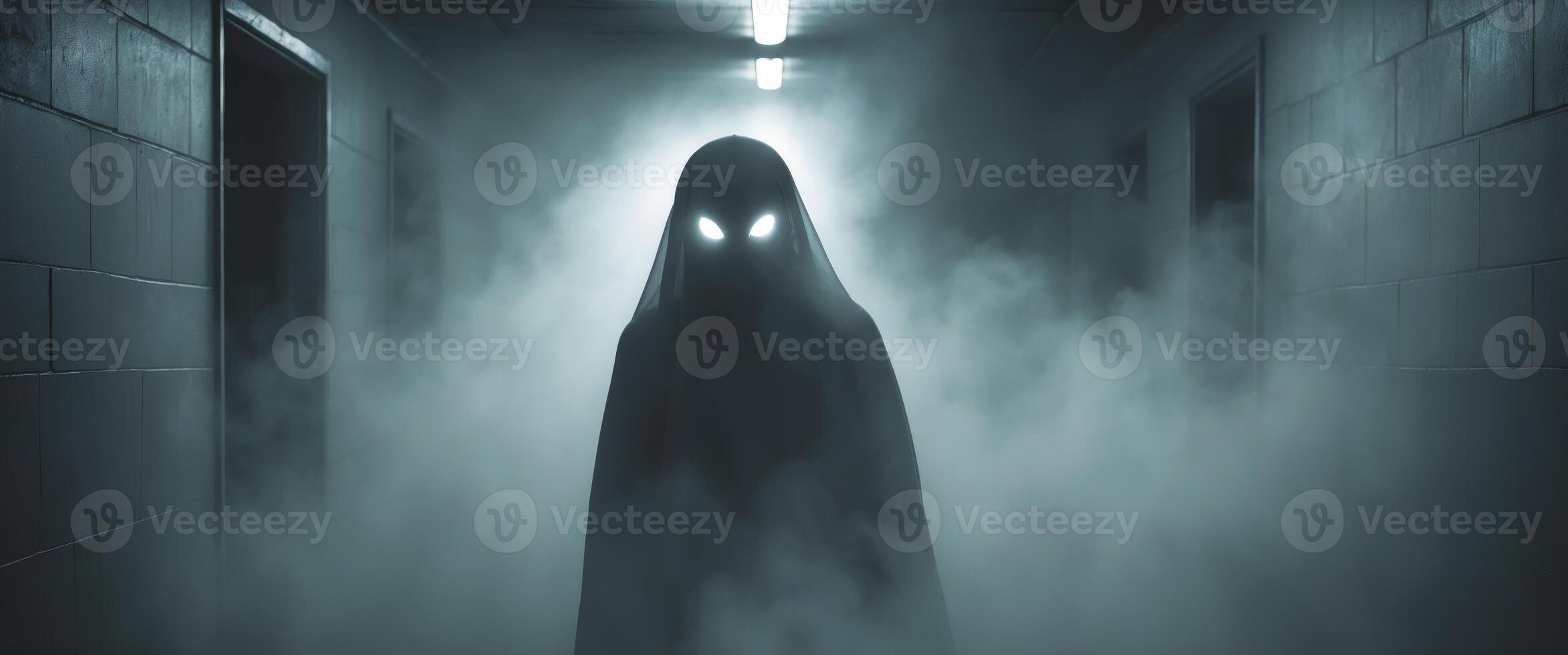 Ghostly figure with glowing eye emerging from a misty hallway in a dark atmospheric setting. photo
