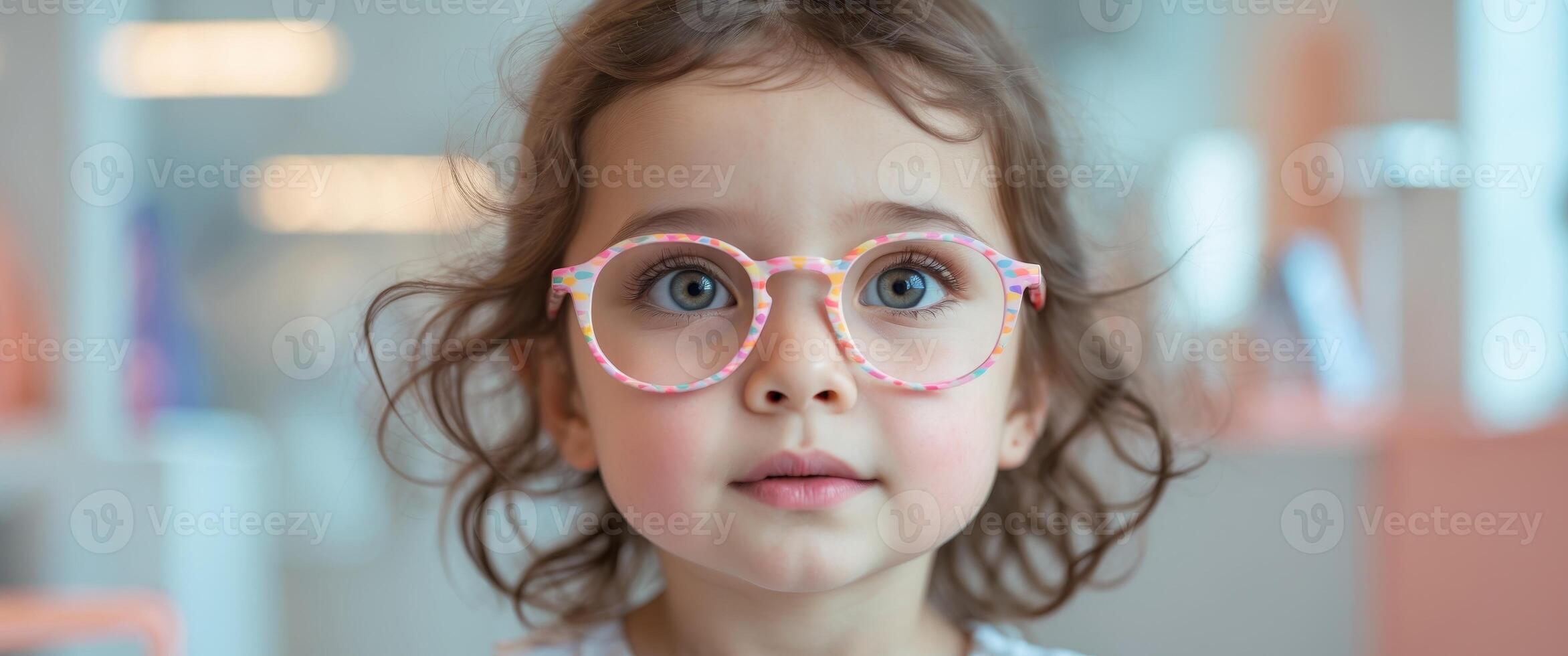 Adorable Little Girl Wearing Glasses in an Optical Shop photo