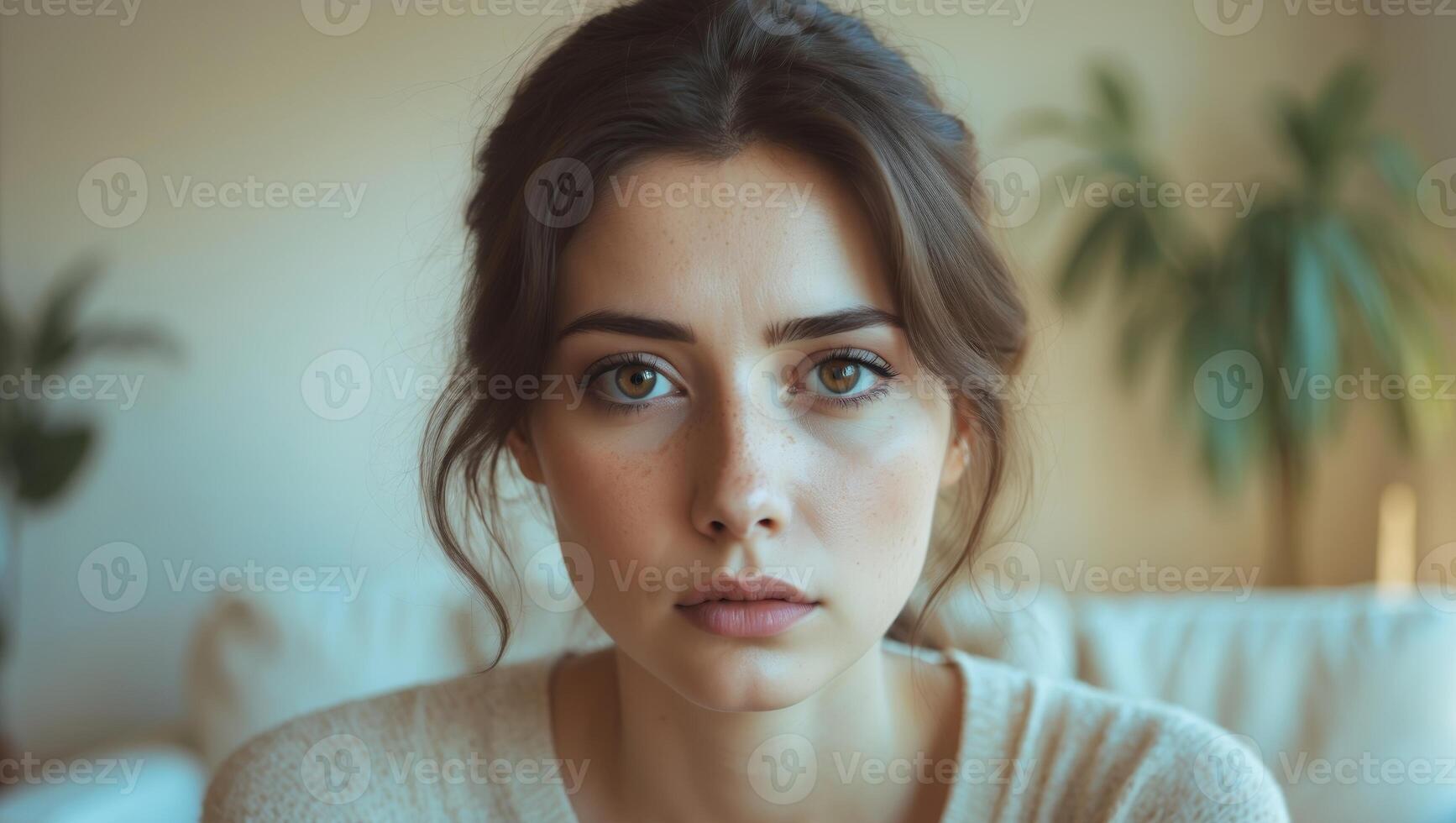 Emotional girl looking at camera in bright living room. photo