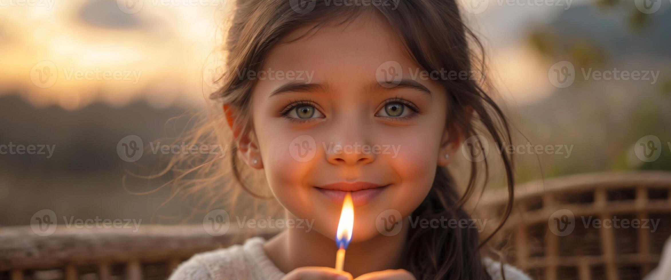Girl holding a lit match in a cozy outdoor setting during dusk photo