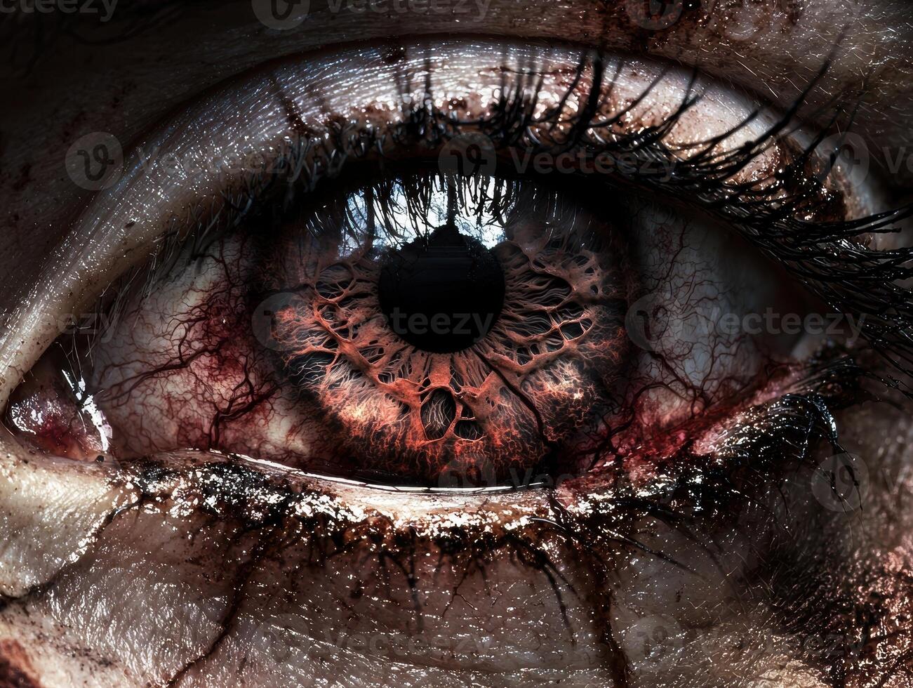 A close up of a bloodshot eye with a dark, textured iris photo