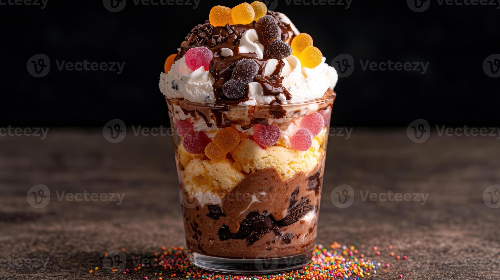 Delicious ice cream sundae with toppings photo