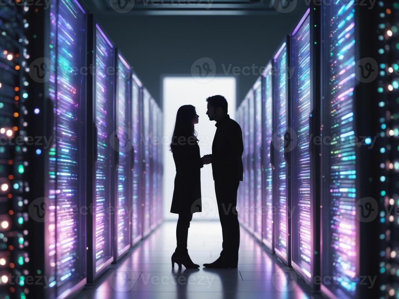 Silhouetted Couple in a Server Room - Conversation Amidst Glowing Lights of Modern IT Infrastructure. photo
