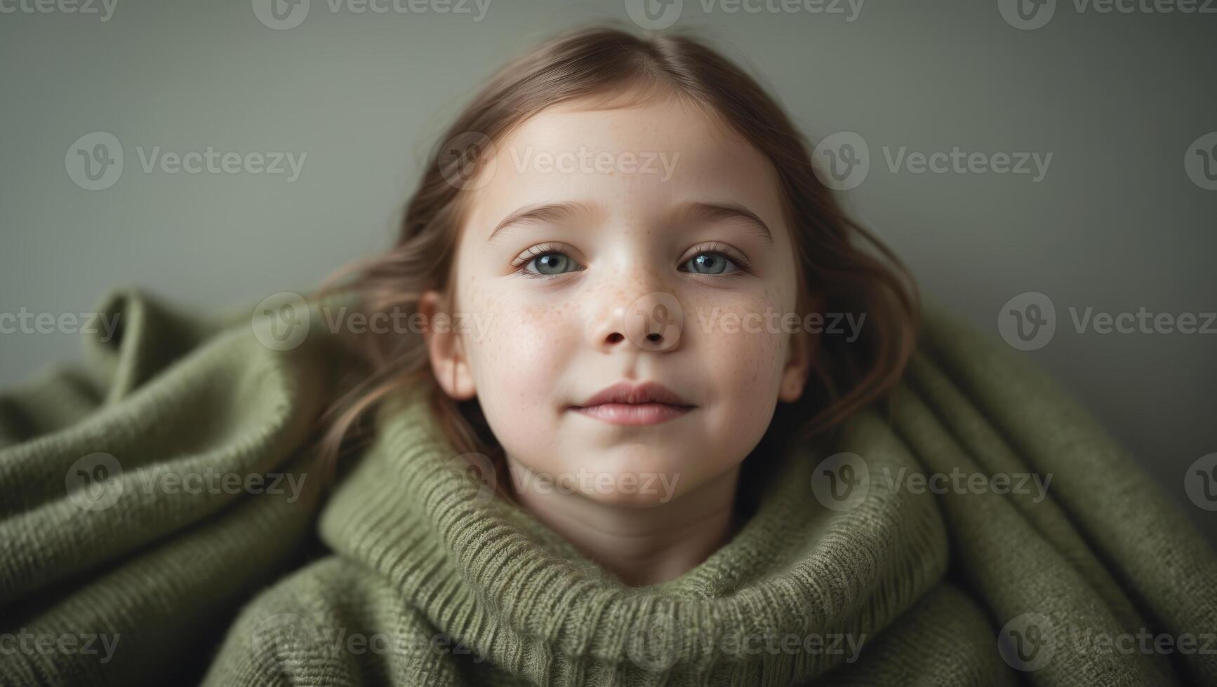 Young girl with freckles wrapped in a soft green sweater photo