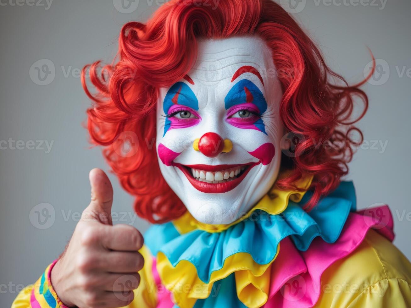 Happy clown showing thumbs up with red wig and colorful makeup. photo
