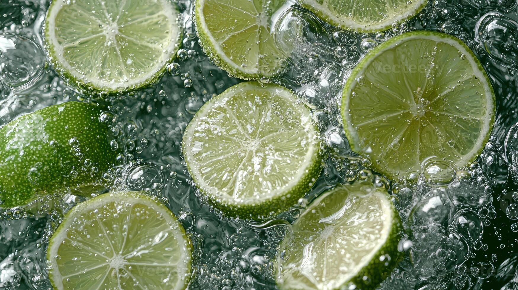Lime slices in sparkling water with bubbles photo
