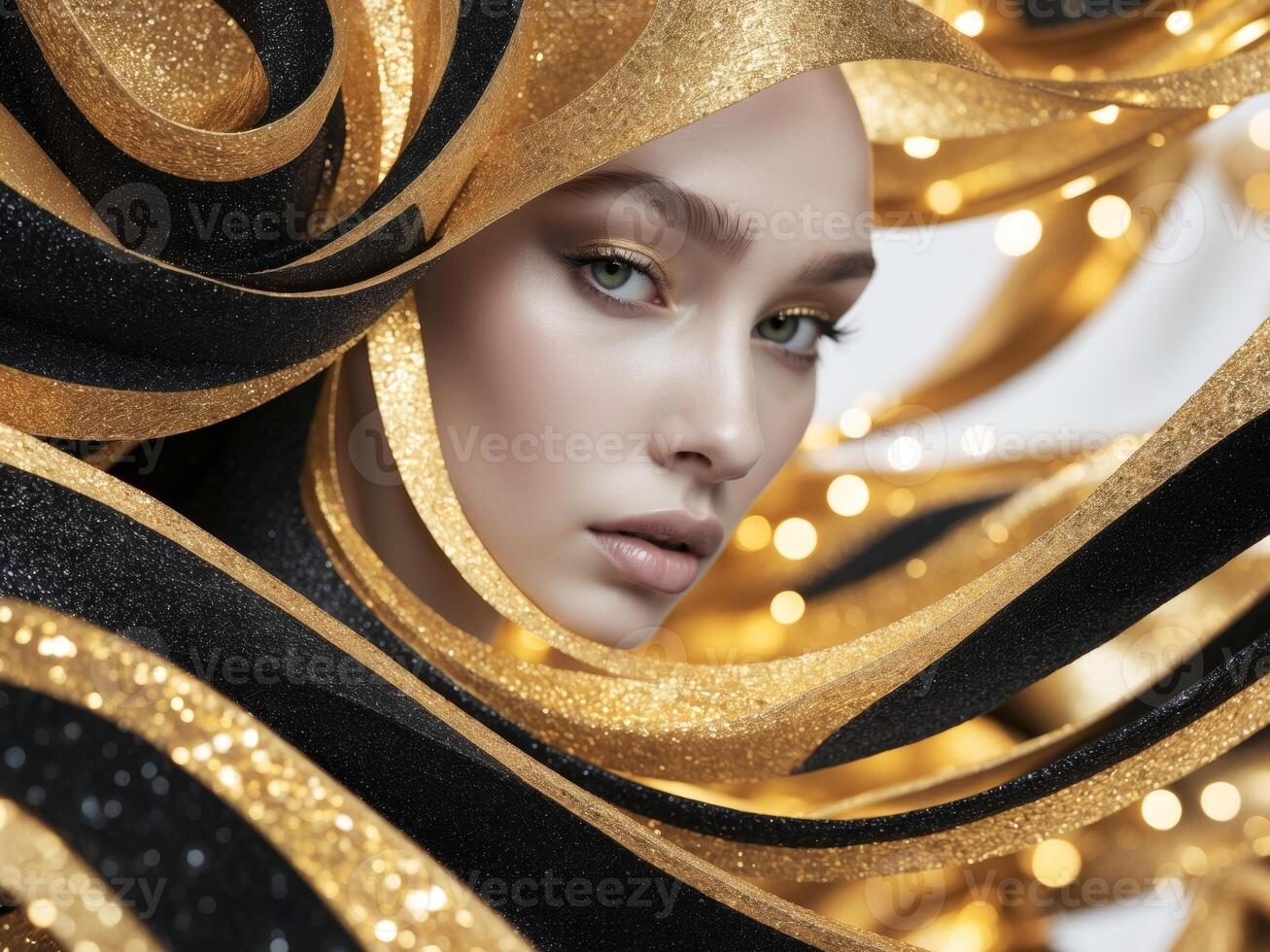Abstract backdrop with swirling gold and black glittery lights focus on subject instead photo
